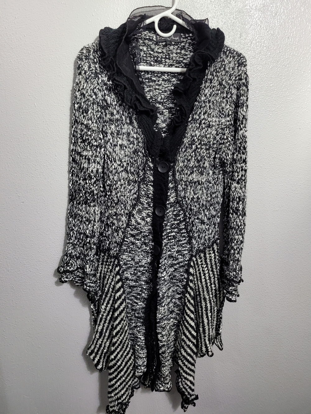 Black & White Ruffle-Trim Button Up Front Cardigan Sweater